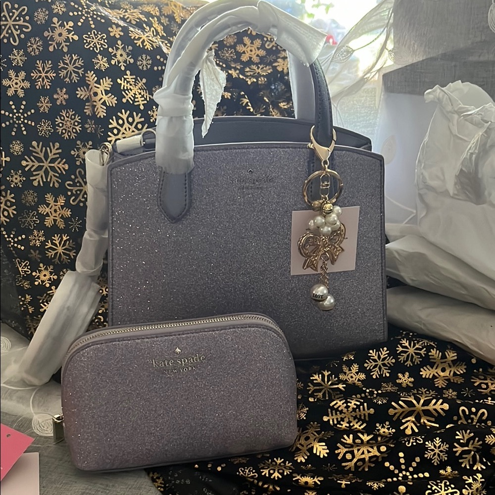 Kate Spade Glitter Lilac Satchel with matching Makeup and Charm
